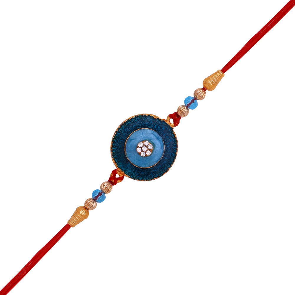 Blue Meenakari Work and White Crystal Round Rakhi
