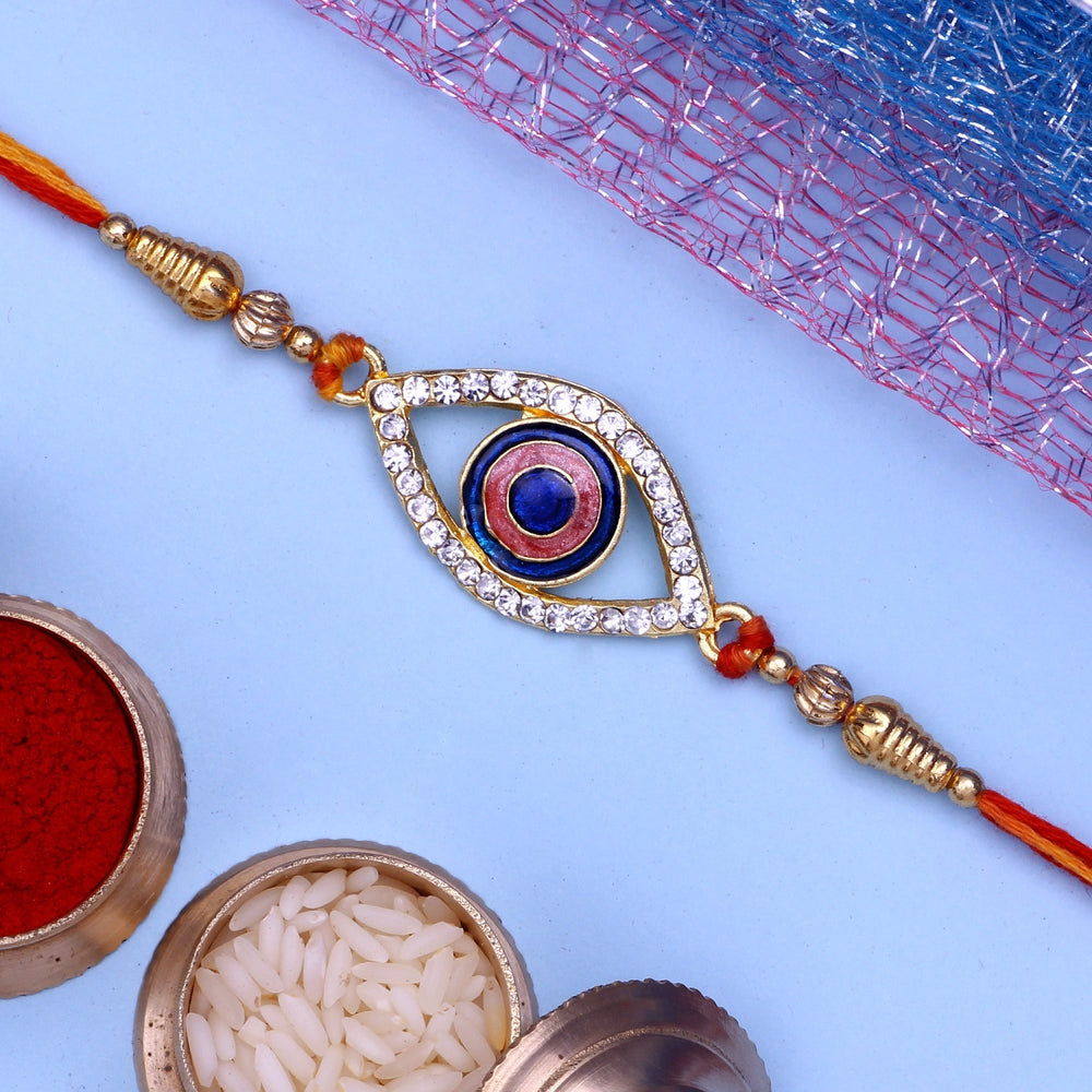 Auspicious Evil Eye Meenakari work and White Crystals Rakhi