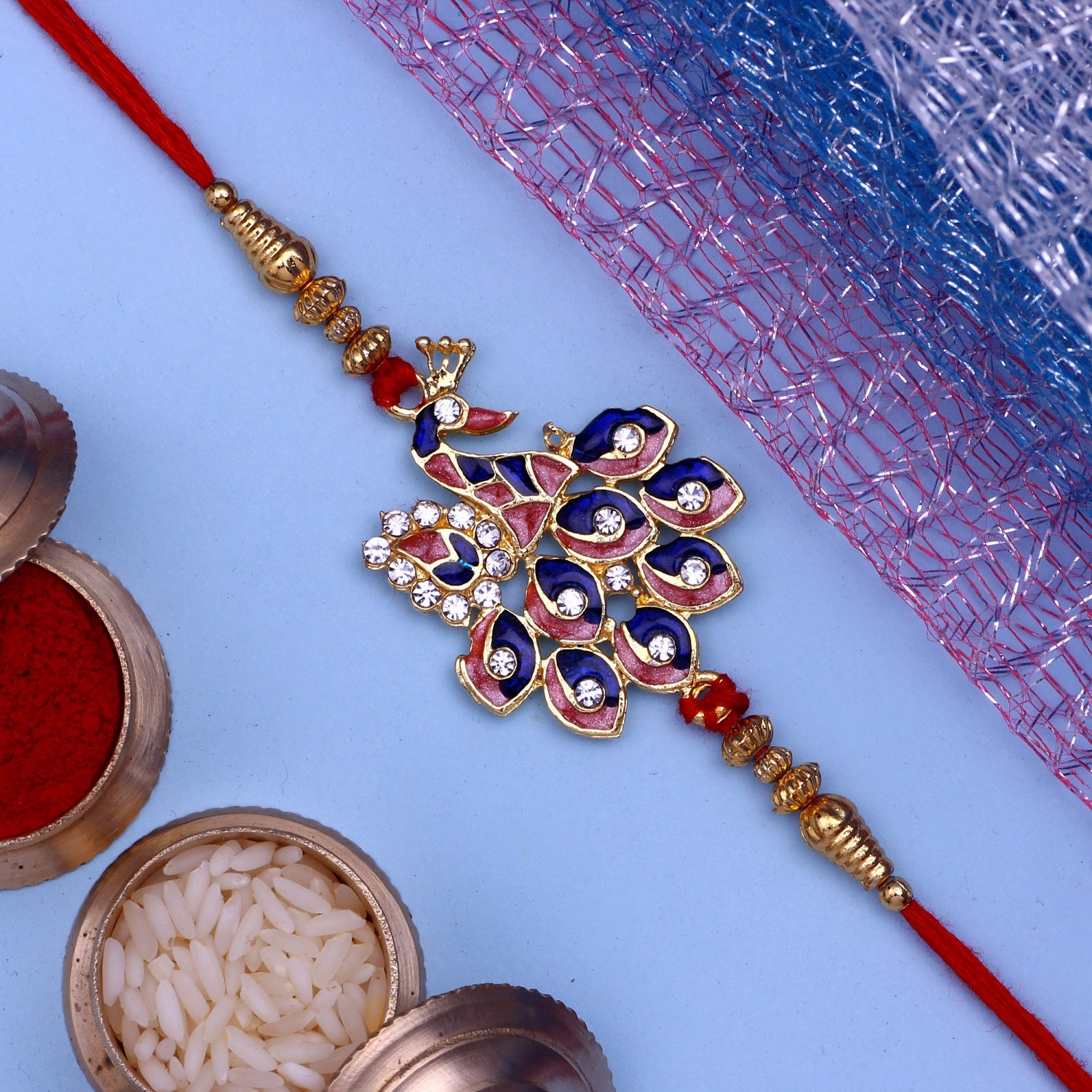 Pink and Blue Meenakari Work Designer Rakhi with Crystals