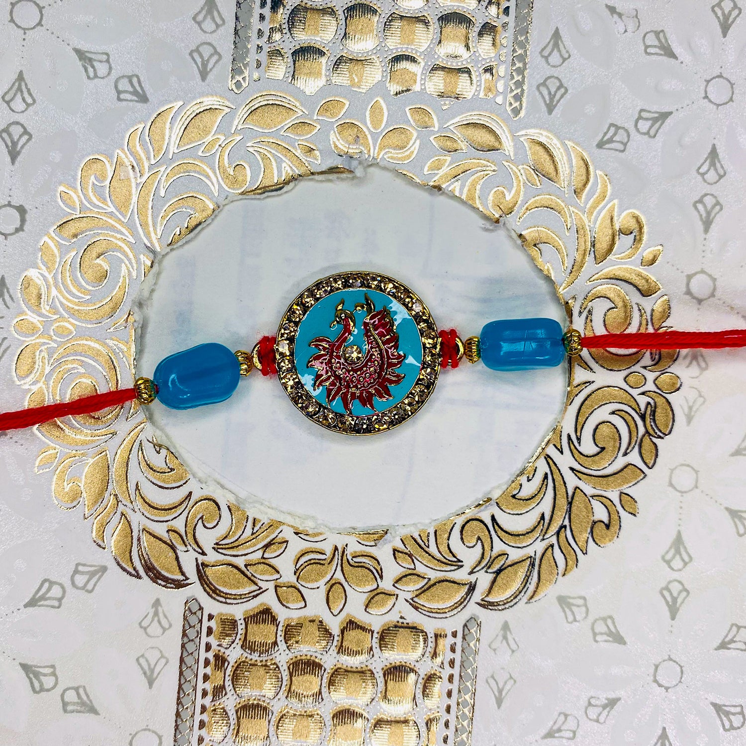 Meennakari Work Enamel Round and Peacock-Shaped Rakhi