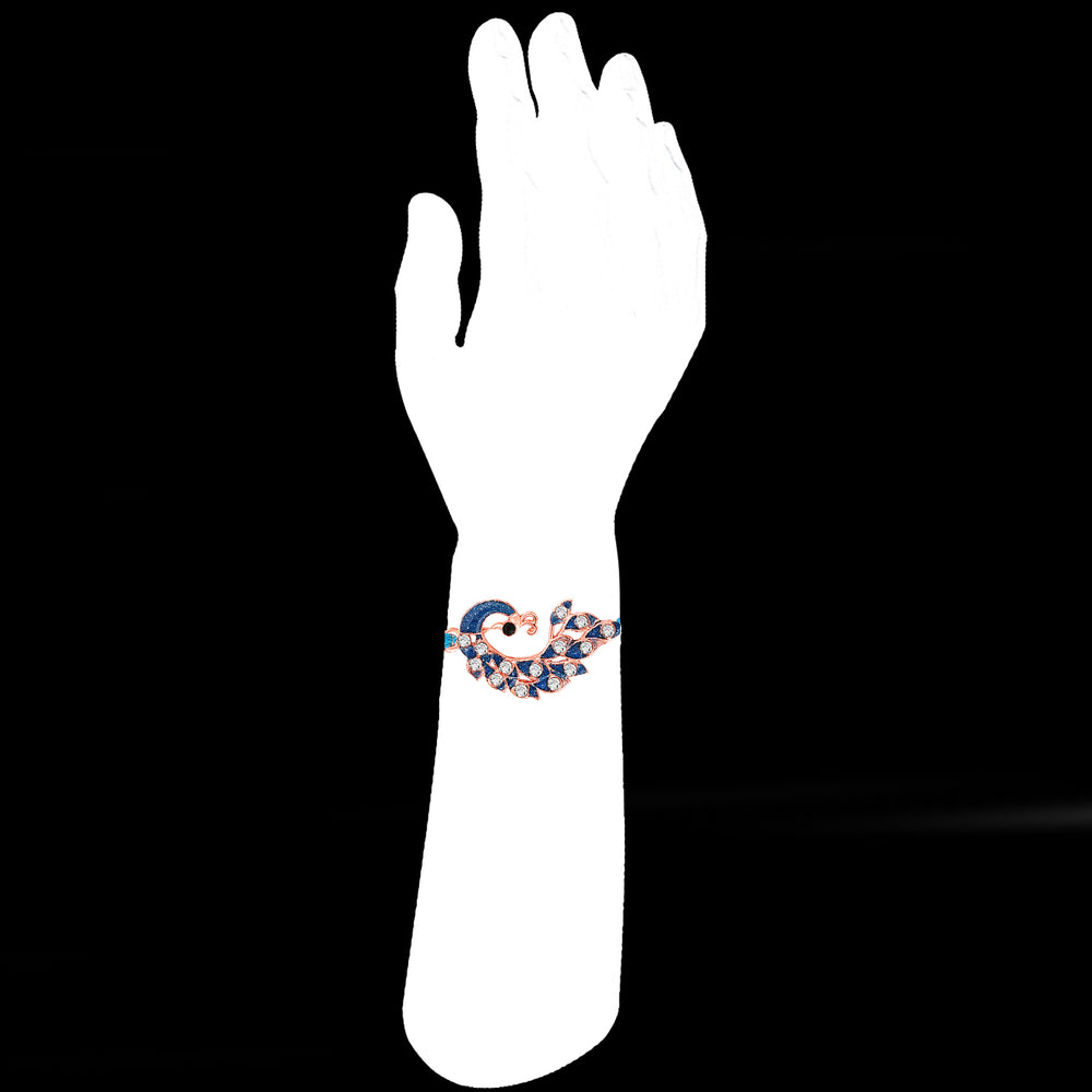 Rose Gold Plated Blue Glossy Meenakari Work Peacock-Shaped Fancy Rakhi