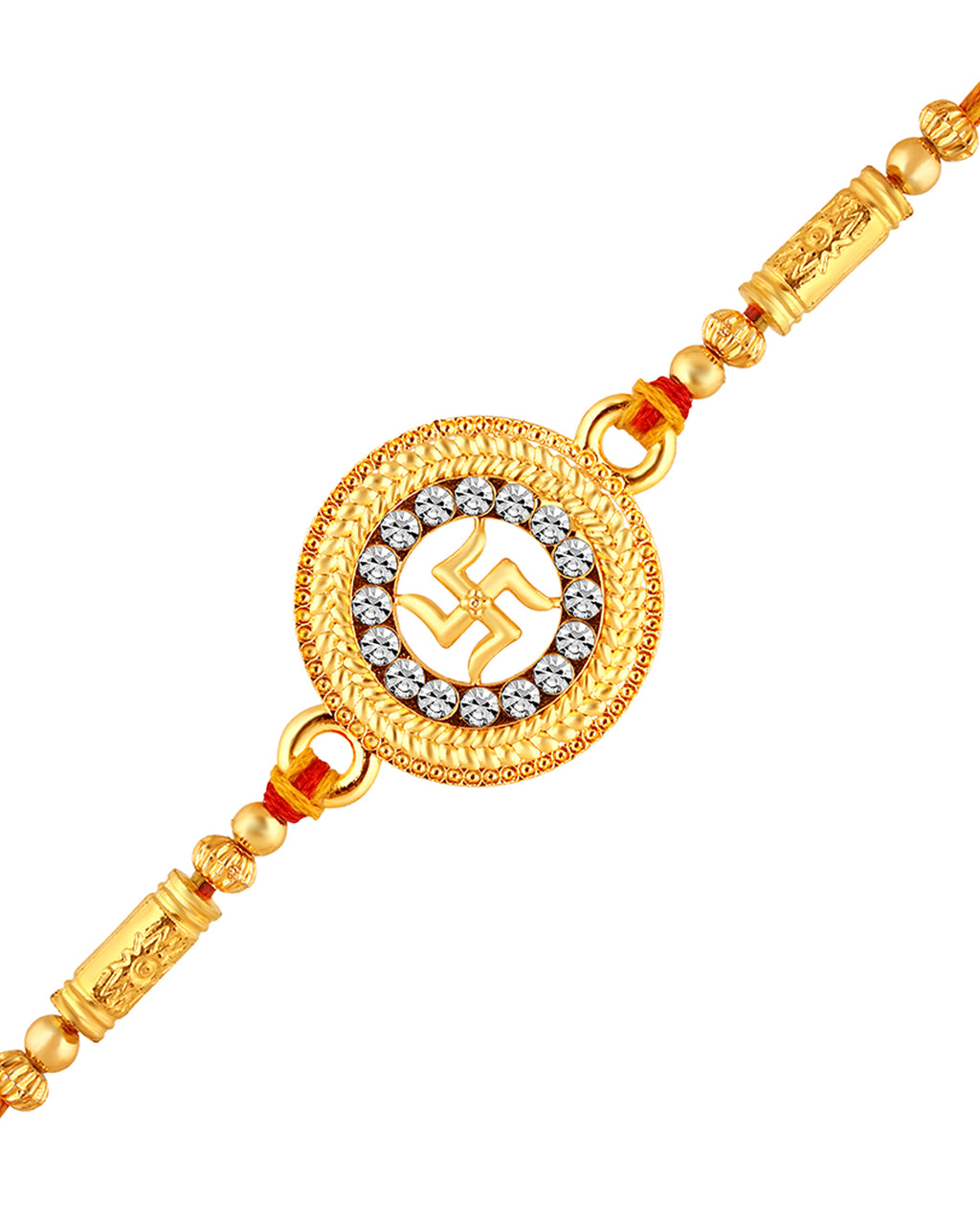 Round Rakhi Gold Round and Swastik Crystal Studed Rakhi