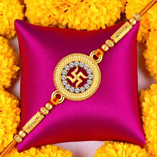 Round and Swastik Crystal Studed Rakhi