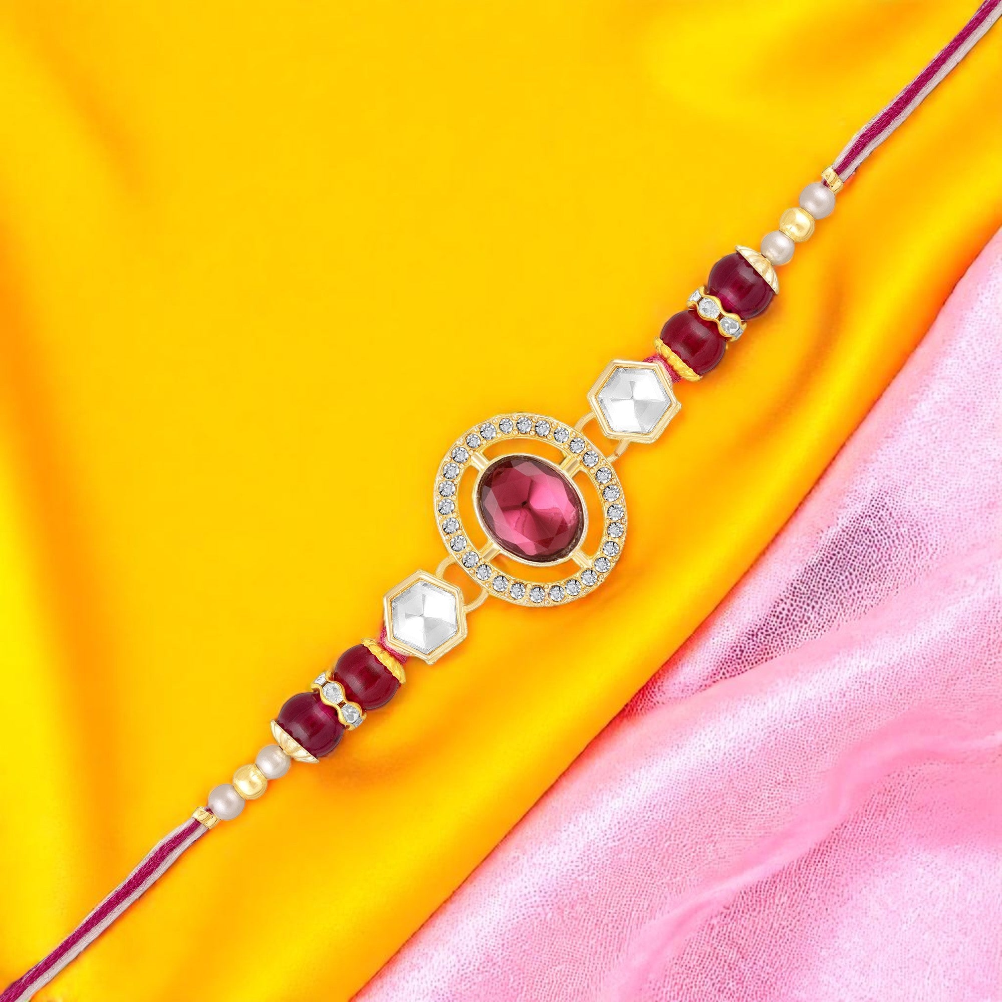 Red Oval Kundan Rakhi for Brother
