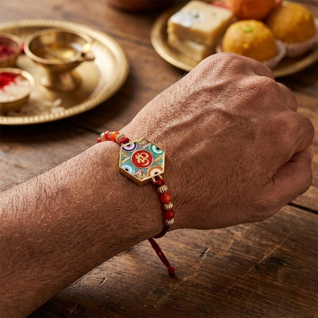 Premium Meenakari Om and Evil Eye Rakhi for Brother