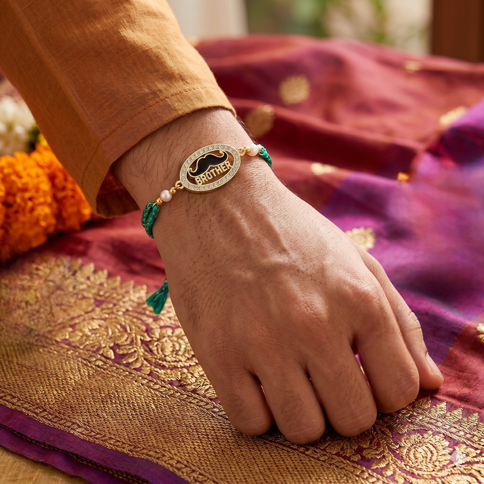 Brother Rakhi with Quirky Black Moustache & Sparkling Crystals