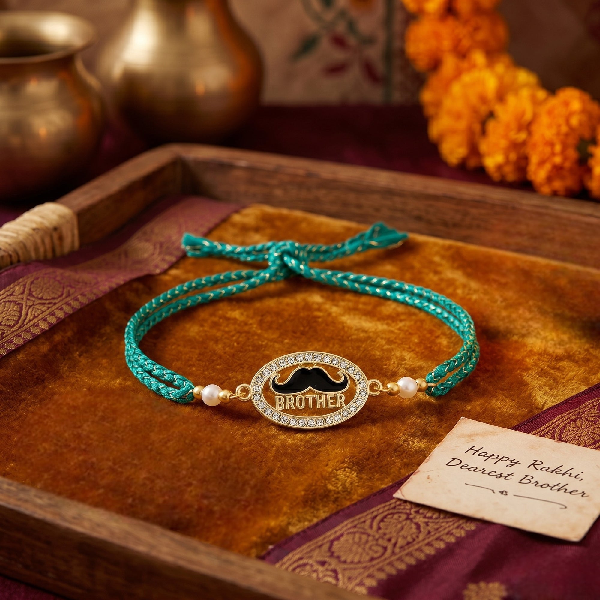 Brother Rakhi with Quirky Black Moustache & Sparkling Crystals