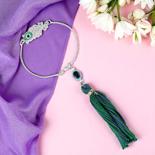 Peacock-Feather-Themed Lumba Rakhi with Tassel