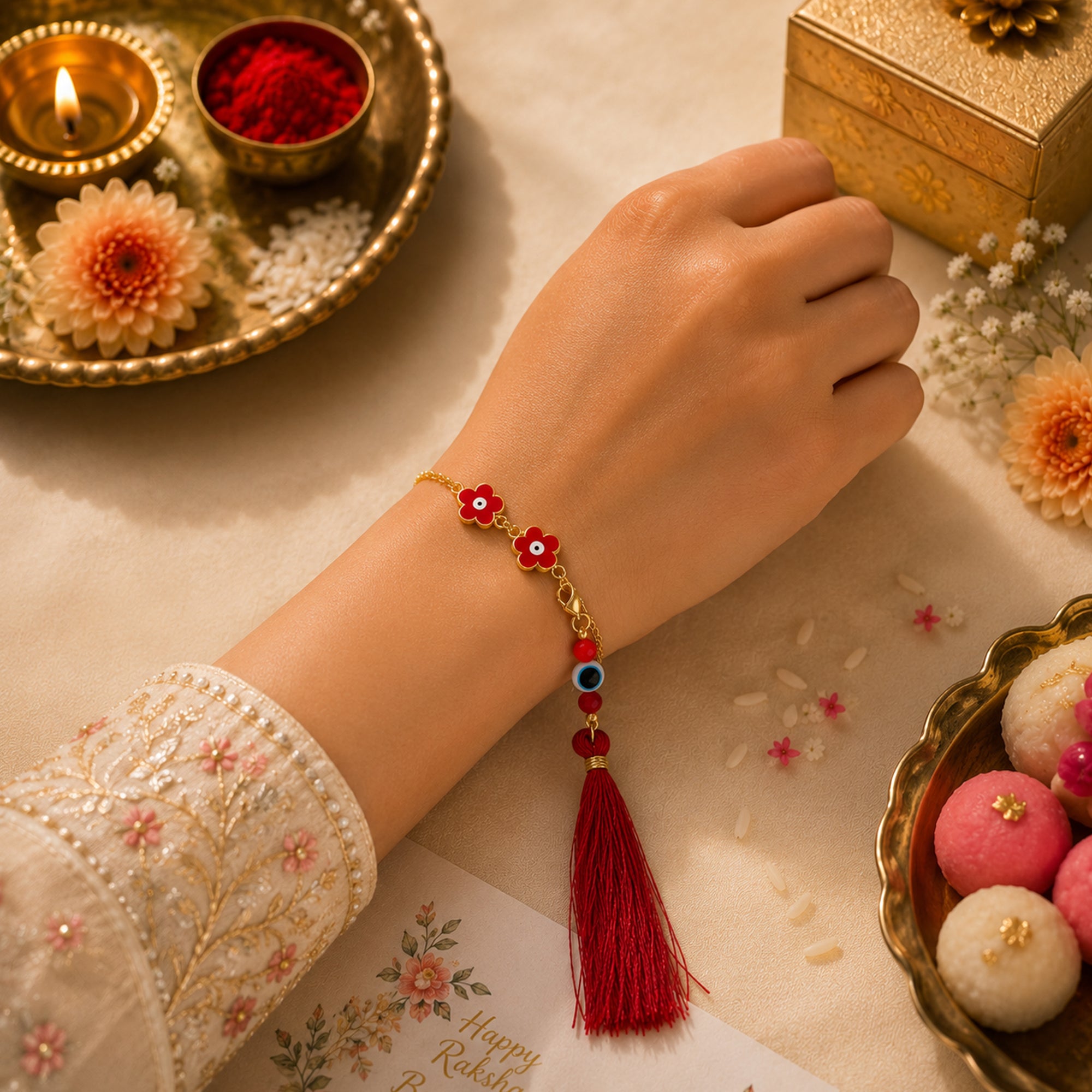 Floral Evil Eye Lumba Rakhi Bracelet