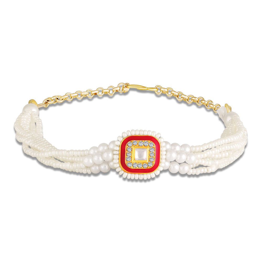 Artificial Pearl Elegance Red Square Lumba Rakhi