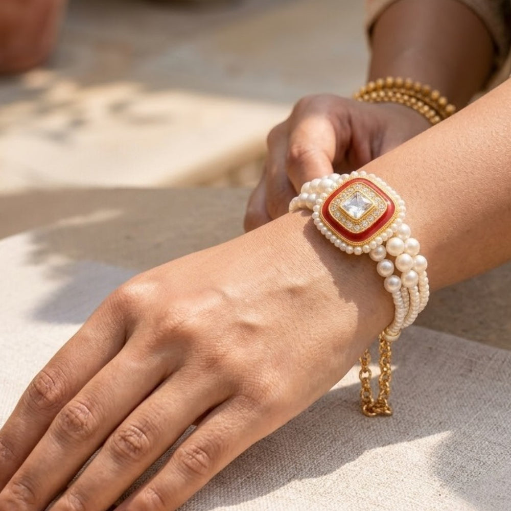 Artificial Pearl Elegance Red Square Lumba Rakhi