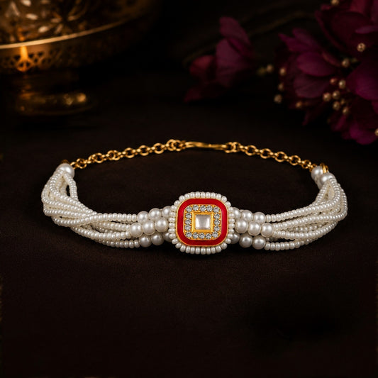 Artificial Pearl Elegance Red Square Lumba Rakhi