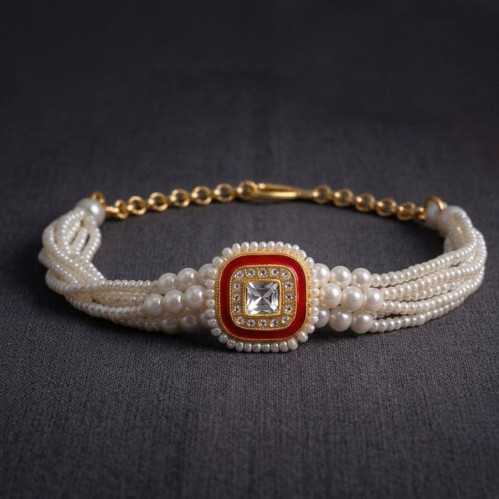 Artificial Pearl Elegance Red Square Lumba Rakhi