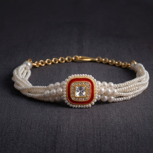 Artificial Pearl Elegance Red Square Lumba Rakhi