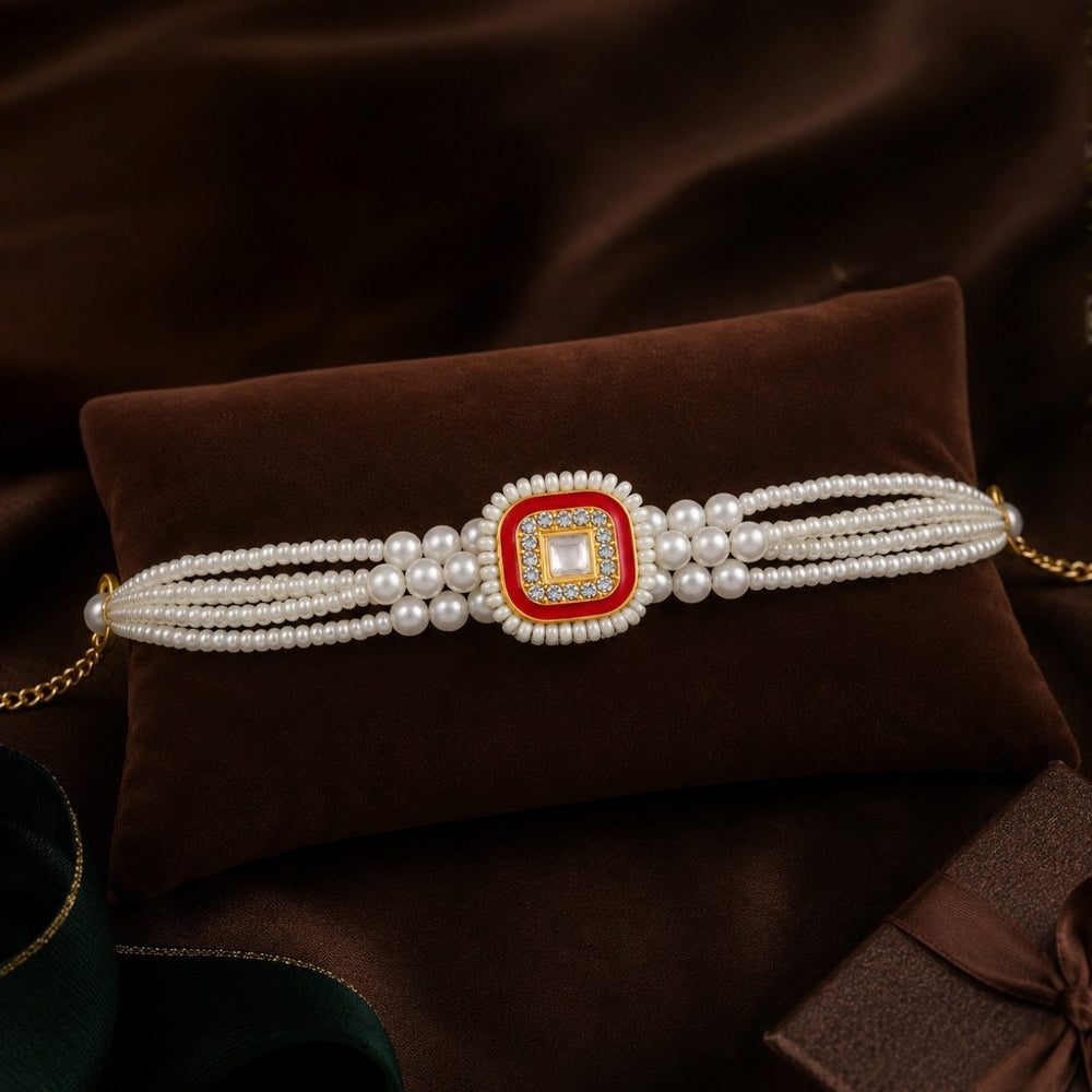 Artificial Pearl Elegance Red Square Lumba Rakhi