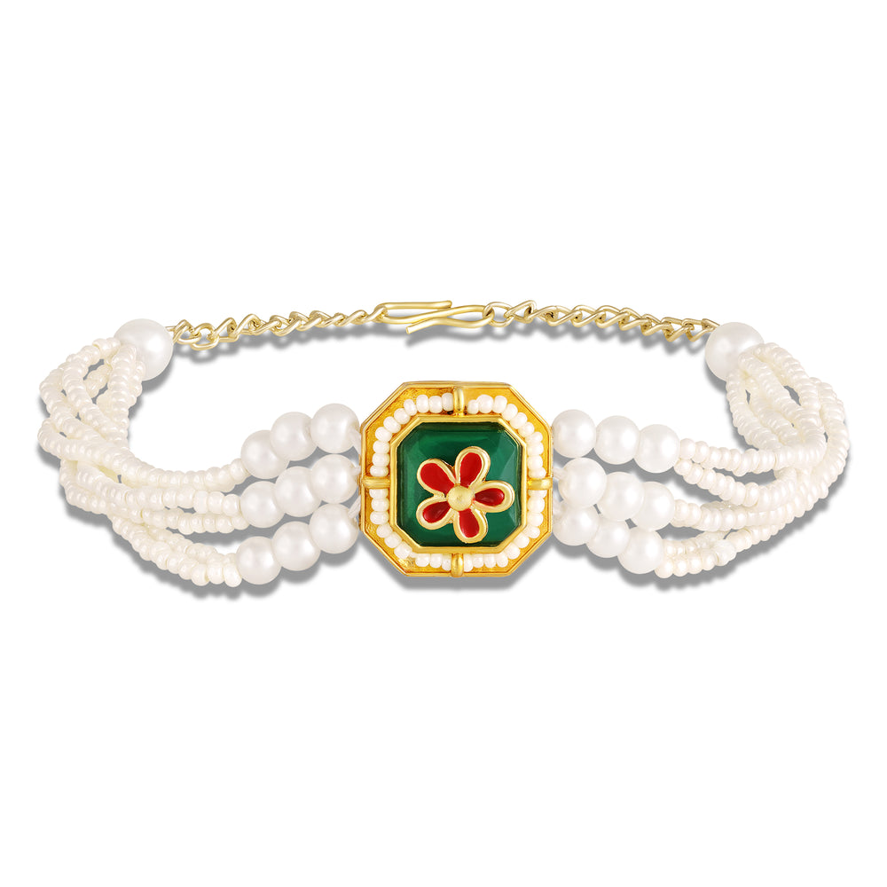 Green Floral Meena and Artificial Pearl Lumba Rakhi