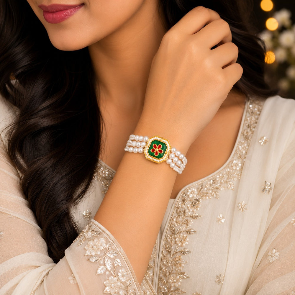 Green Floral Meena and Artificial Pearl Lumba Rakhi