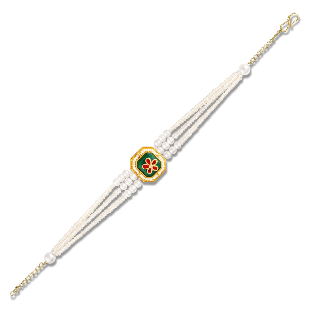 Green Floral Meena and Artificial Pearl Lumba Rakhi