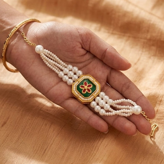 Green Floral Meena and Artificial Pearl Lumba Rakhi