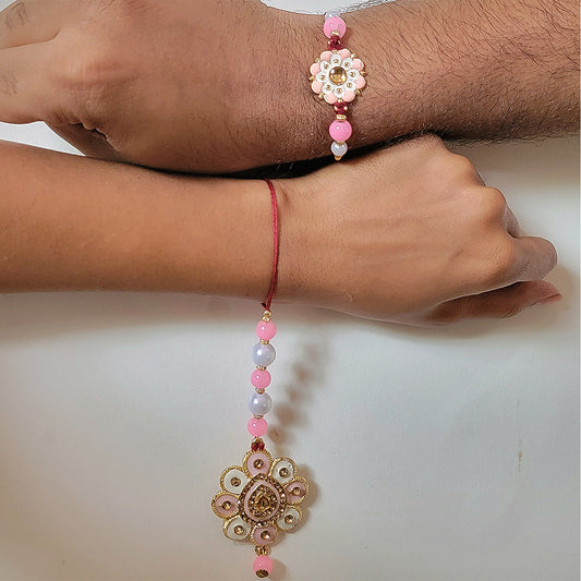 Floral Shaped Pink Meenakari Work Bhaiya Bhabhi Couple Rakhi