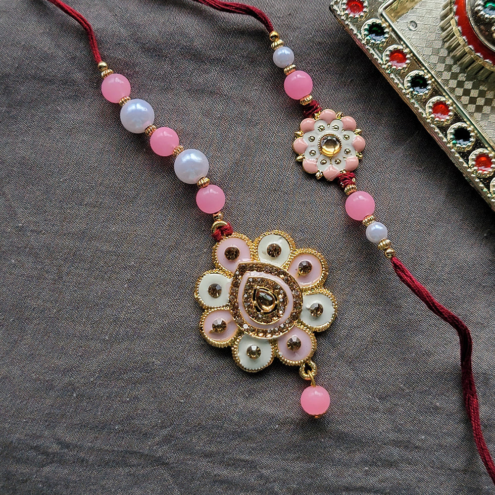 Floral Shaped Pink Meenakari Work Bhaiya Bhabhi Couple Rakhi