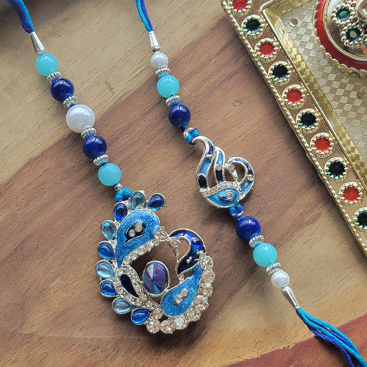 Blue Meenakari Work Peacock Shaped Bhaiya Bhabhi Couple Rakhi