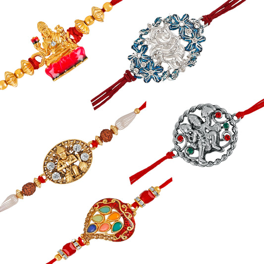 Combo of 5 Divine Assorted Goddess Laxmi Mata, Vighnaharta Ganesha, Jai Hanuman and multicolour gleaming crystal Rakhi (Bracelet)