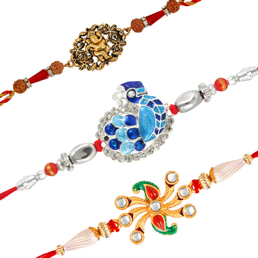 Combo of 3 Designer Assorted Lord Ganesha, Feathery Peacock and sparkling Crystals Rakhi (Bracelet)