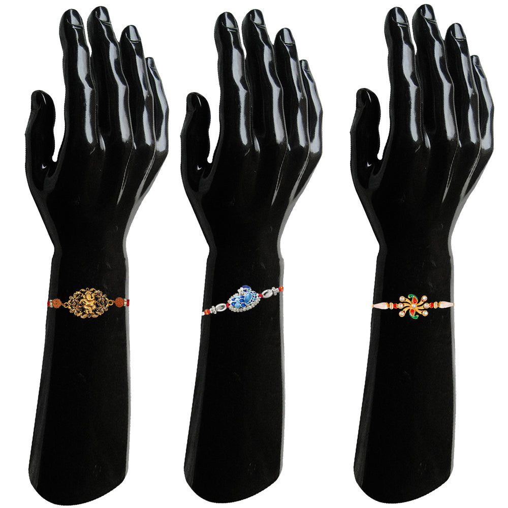 Combo of 3 Designer Assorted Lord Ganesha, Feathery Peacock and sparkling Crystals Rakhi (Bracelet)