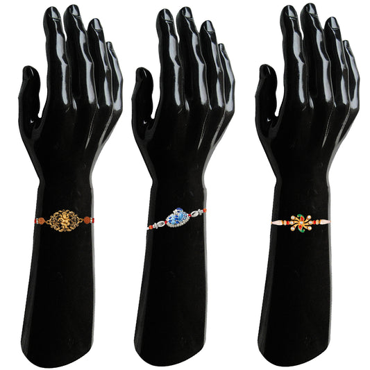 Combo of 3 Designer Assorted Lord Ganesha, Feathery Peacock and sparkling Crystals Rakhi (Bracelet)