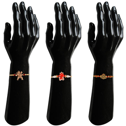 Combo of 3 Purely Divine Jai Hanuman, Vighnaharta Ganesha and Om Rudraksha Rakhi (Bracelet) with Artificial Pearl