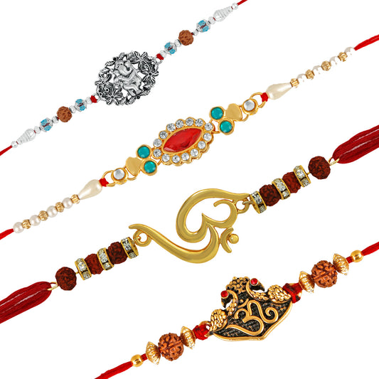 Combo of 4 Auspicious Assorted Lord Ganesha, Om, Rudraksh and designer multicolour crystal Rakhi (Bracelet)