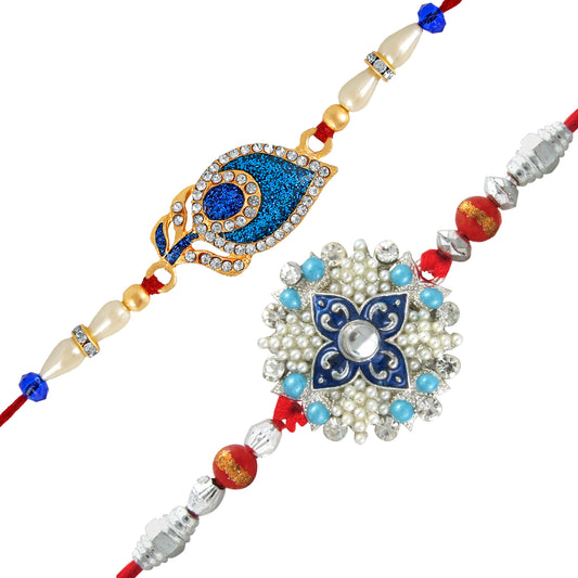 Combo of 2 Exquisite Designer Peacock Feather and Floral Inspired crystal studded Rakhi (Bracelet)