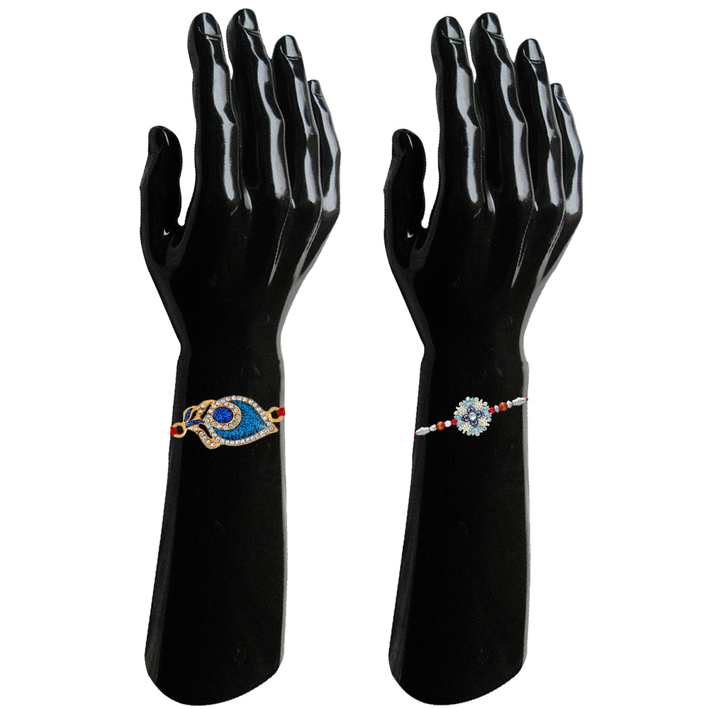 Combo of 2 Exquisite Designer Peacock Feather and Floral Inspired crystal studded Rakhi (Bracelet)