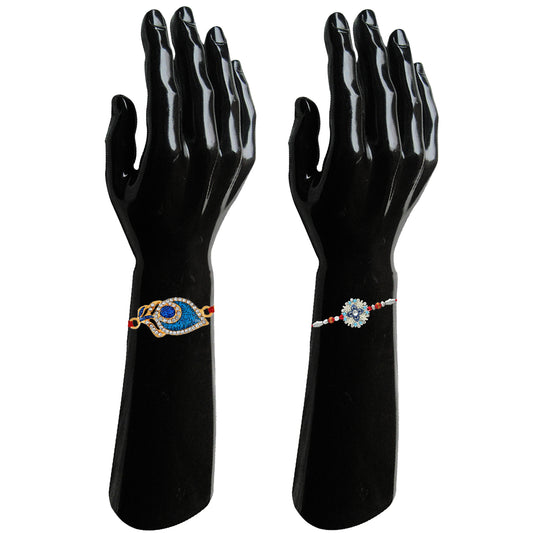 Combo of 2 Exquisite Designer Peacock Feather and Floral Inspired crystal studded Rakhi (Bracelet)