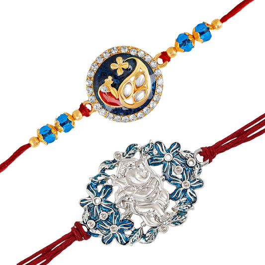 Combo of 2 Designer Meenakari Peacock and Floral Meenakari Lord Ganesha Rakhi (Bracelet)
