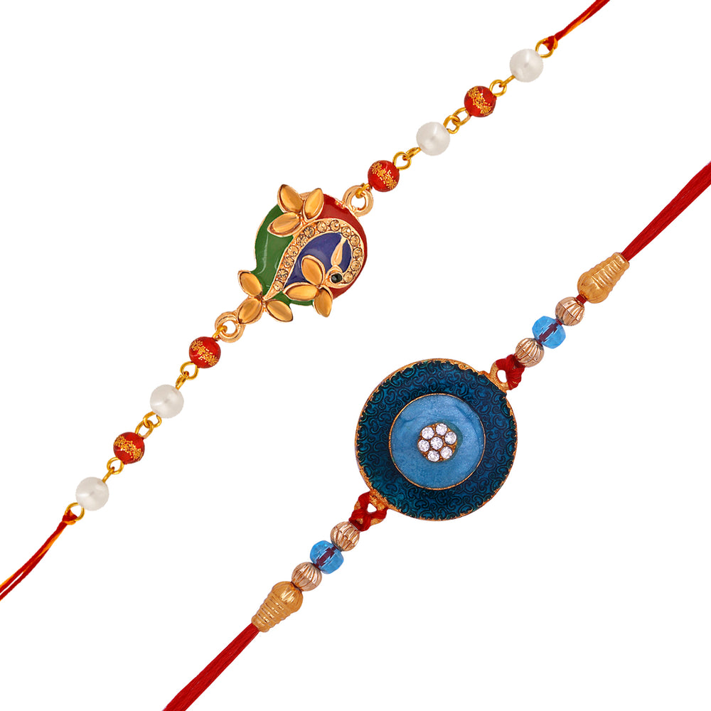 Combo of Floral and Peacock Shaped Meena Work Colorful Rakhi's