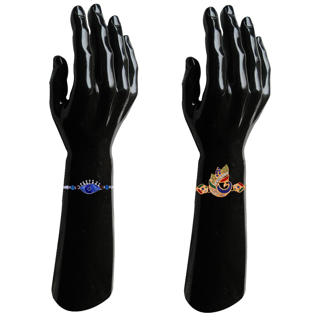 Multicolor Combo of Evil Eye, Ganpati, Swastik and Peacock Shaped Rakhi Set