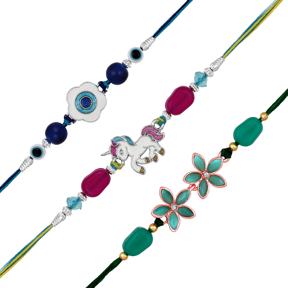 Combo of Evil Eye, Unicorn Shaped Floral Rakhi's