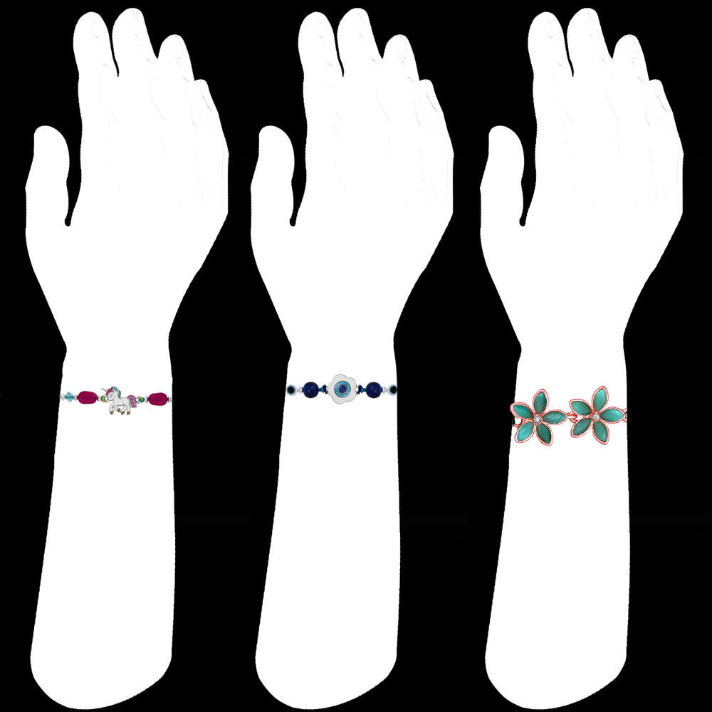 Combo of Evil Eye, Unicorn Shaped Floral Rakhi's