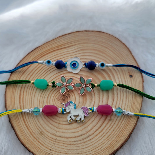Combo of Evil Eye, Unicorn Shaped Floral Rakhi's