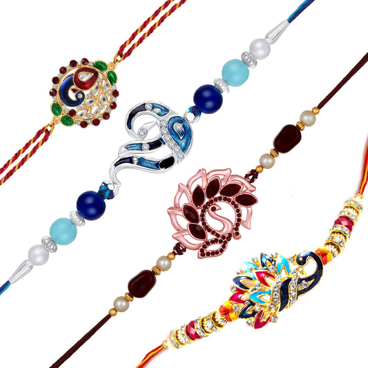Combo of 4 Multicolor Crystals Peacock Shaped Rakhis