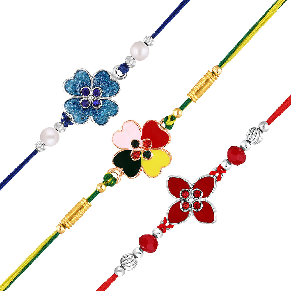 Combo of 3 Meenakari Worn\k and Studded Crystals Floral Rakhi