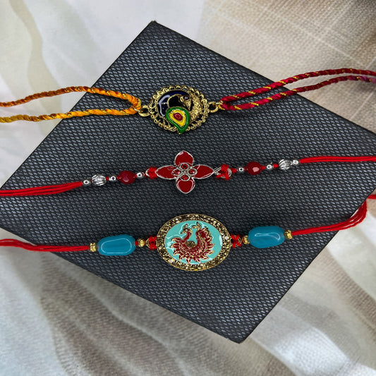 Combo of Flower and Peacock-Shaped Meenakari Work Rakhi