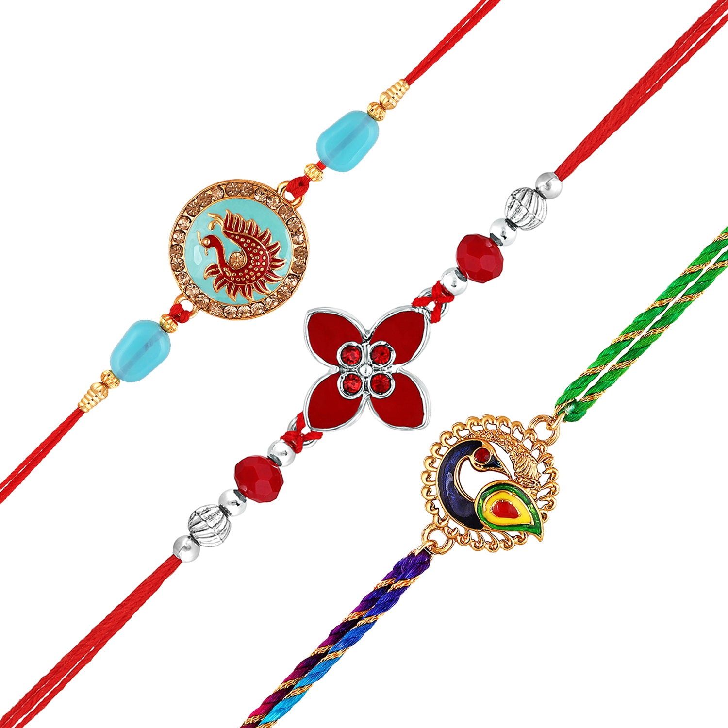 Combo of Flower and Peacock-Shaped Meenakari Work Rakhi