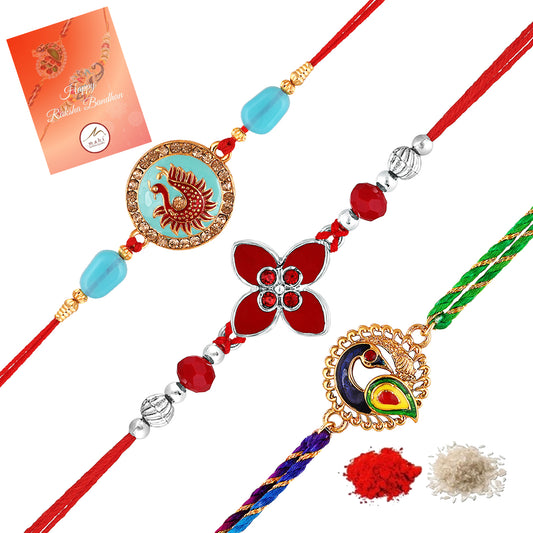 Combo of Flower and Peacock-Shaped Meenakari Work Rakhi