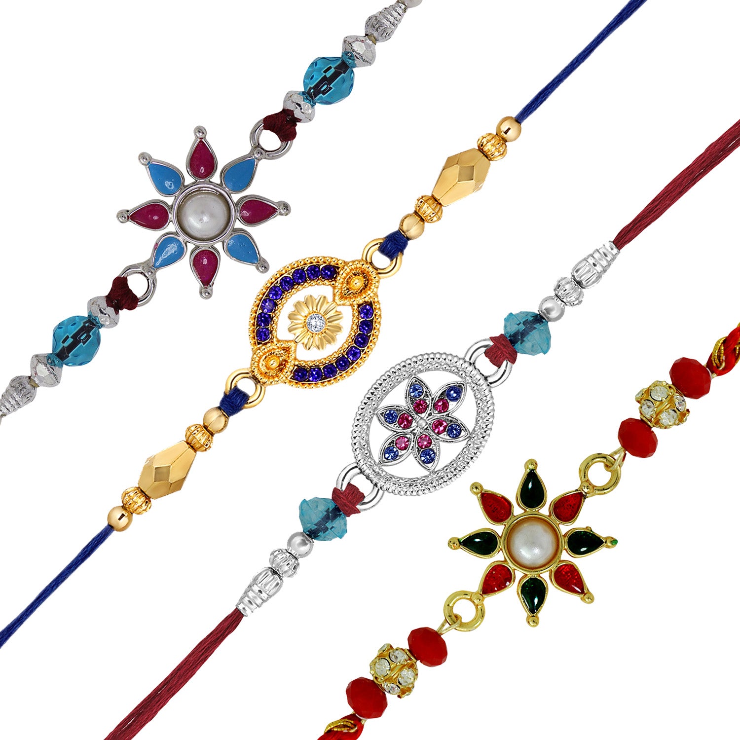 Combo of 4 Colurful Crystals Floral Rakhi