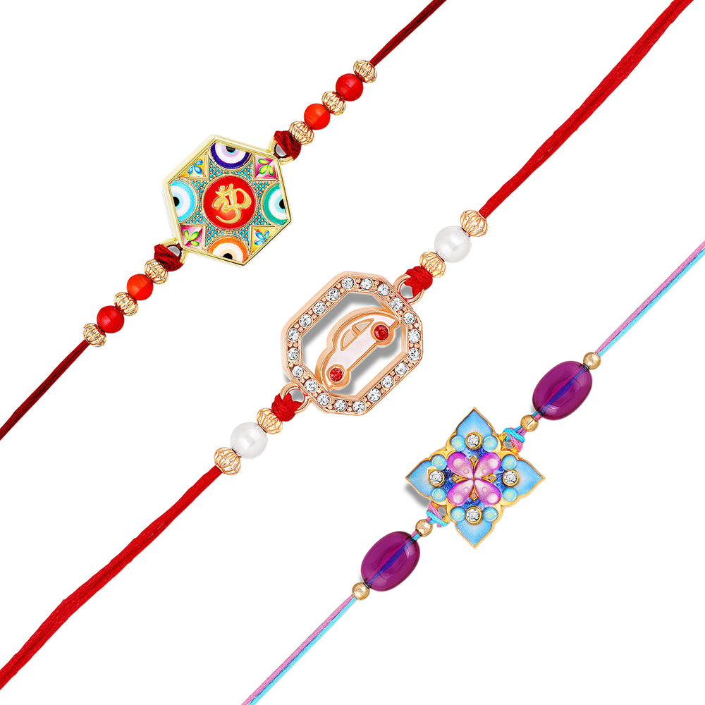 Om, Car, Floral Rakhi Combo Set