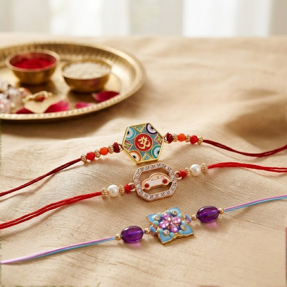 Om, Car, Floral Rakhi Combo Set