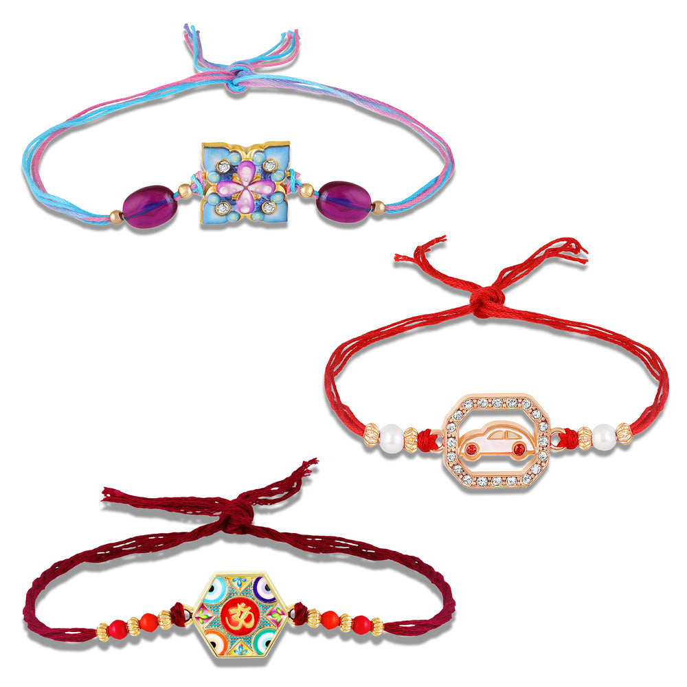 Om, Car, Floral Rakhi Combo Set